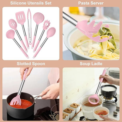 E-far Silicone Cooking Utensils Set, 7 Pcs Heat Resistant Kitchen Utensils with Stainless Steel Handle, Slotted Turner, Spoon, Soup Ladle, Pasta Server, Skimmer, Tongs for Nonstick Cookware, Pink - Image 4