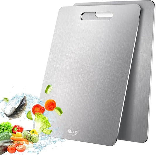 2 Pack Titanium Cutting Board - 100% Pure Titanium Cutting Boards For Kitche,Easy to clean, Double-sided food-grade Cutting Board For Cutting Meats, Fruits And Vegetables (15.12 * 11.11) by TESFLY