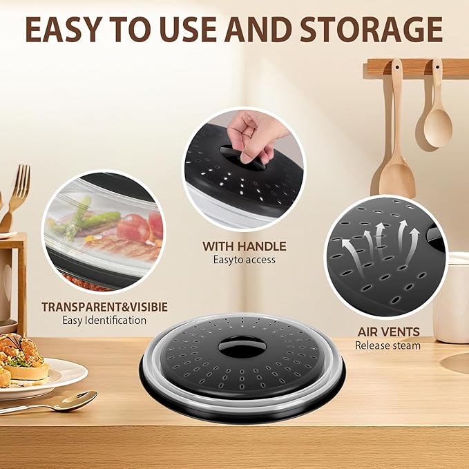12 Inchs Microwave Splatter Cover & Silicone Mat, Large Vented Collapsible Guard dish Plate lid & Round Kitchen mat for food