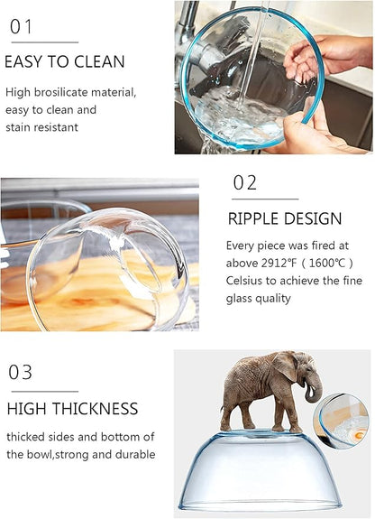 Homwin Glass Mixing Bowl Set for Baking 3-Piece Salad Bowl Set (1qt, 2.5qt, 4.2qt), High Brosilicate Large Bowls for Kitchen Prepping Serving and Storage, Microwave Dishwasher Oven Safe