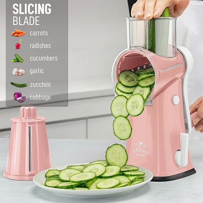 Zulay Kitchen Rotary Cheese Grater 5 Blade Cheese Shredder - Manual Hand Crank Cheese Grater With Reinforced Suction & 5 Interchangeable Drums - Easy to Use, Vegetable Chopper Round Mandoline Slicer - Image 5