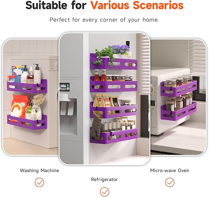 Sevenblue 4 Pack Strong Magnetic Spice Rack for Refrigerator, Multipurpose Magnetic Shelf for Fridge with 4 Hooks for kitchen and Bathroom Organization, Purple - Image 6