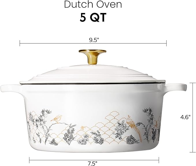 CAROTE 5QT Cast Iron Dutch Oven Pot with Lid, Enameled Floral Dutch Ovens with Gift Box, Cast Iron Pot for Sourdough Bread Baking, Braising, Stews, Roasting, Dual Handles, Healthy & Non-Toxic, All Stovetop Compatible, Oven Safe up to 500° F, White - Image 2