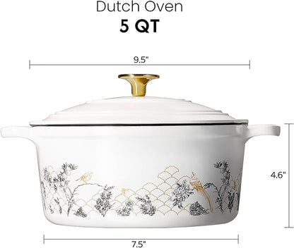 CAROTE 5QT Cast Iron Dutch Oven Pot with Lid, Enameled Floral Dutch Ovens with Gift Box, Cast Iron Pot for Sourdough Bread Baking, Braising, Stews, Roasting, Dual Handles, Healthy & Non-Toxic, All Stovetop Compatible, Oven Safe up to 500° F, White - Image 2