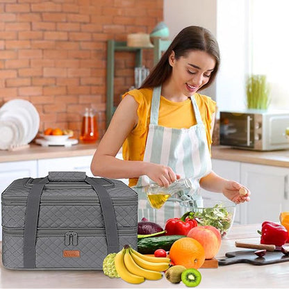 Quilted Double Decker Casserole Carrier - Expandable Dish Carrying Case for Hot or Cold Food, Lasagna Holder for Potluck Parties, Picnic, Beach, Fits 9"×13" Baking Dish (Grey)
