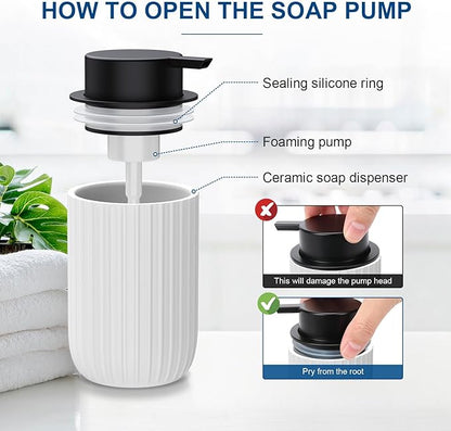 Ceramic Foaming Soap Dispenser, 12 oz Bathroom Foam Hand Soap Dispenser, Refillable Lotion Soap Dispenser with Removable Pump for Kitchen Hand Wash Dispenser, Modern Home Decor(2Pack-White)