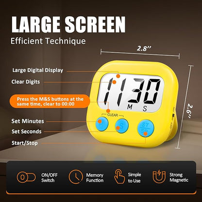 2 Pack Digital Kitchen Timer for Cooking Big Digits Loud Alarm Magnetic Backing Stand Cooking Timers for Baking Yellow - Image 2