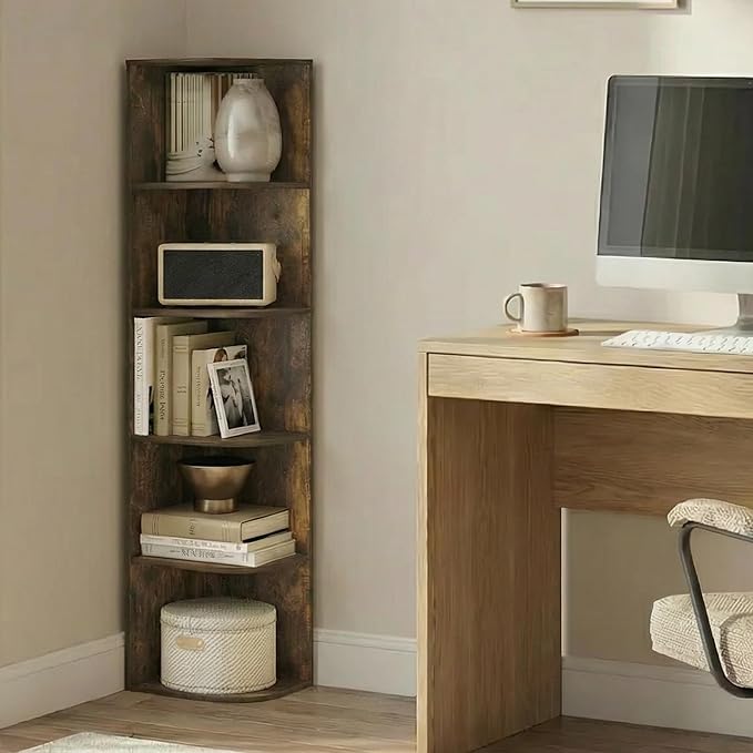 Furinno PASIR Book Shelf, 5-Tier Corner Bookshelf with Open Shelf, Standing Bookcase, 9.3 x 12 x 51.7, for Organization and Storage, for Living Room, Bedroom, Home Office, Amber Pine - Image 2