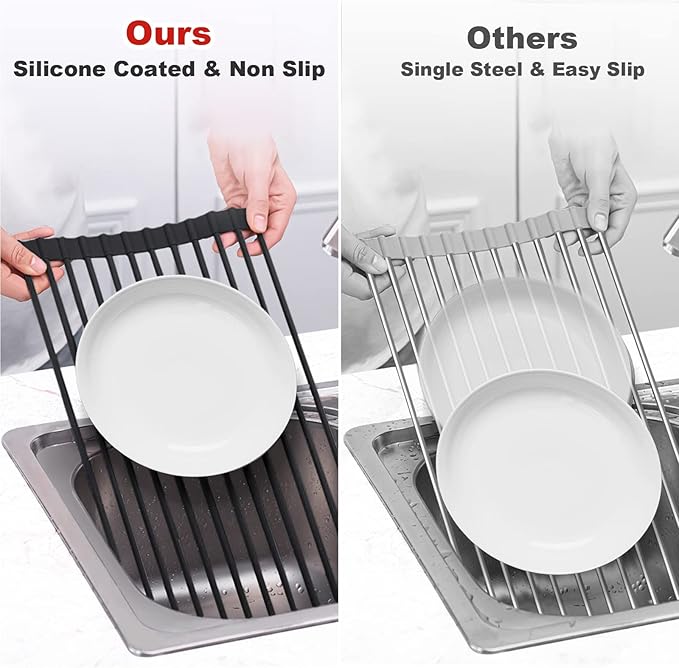 MERRYBOX Roll Up Dish Drying Rack, Silicone Wrapped Over The Sink Dish Rack Foldable Dish Drainer Anti-Slip Dish Racks for Kitchen Counter, Multipurpose Kitchen Sink Drying Rack, 18" x 13", Black - Image 6