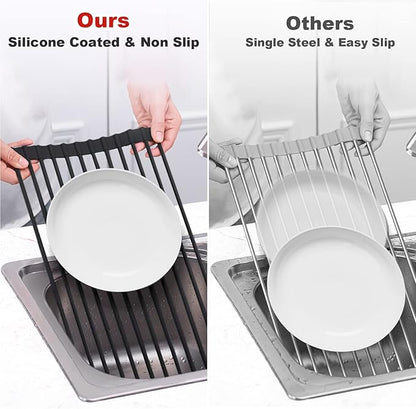MERRYBOX Roll Up Dish Drying Rack Silicone Wrapped Over The Sink Dish Drying Rack Multipurpose Foldable Sink Drying Mat Anti-Slip & Anti-Rust Dish Rack for Kitchen, 17.5" x 13", Black - Image 6