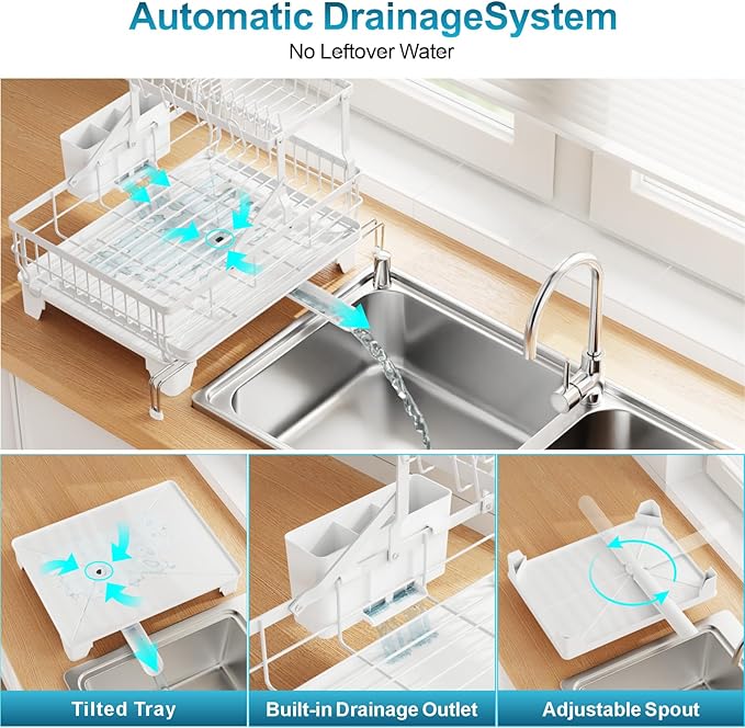GSlife Large 2 Tier Dish Drying Rack, Expandable Heavy-Duty Dish Rack for Kitchen Counter, Rust-Resistant Dish Drainer with Utensil & Cup Holder, Auto-Drain, 16.9" W x 14.4"-22.4" L, White - Image 4