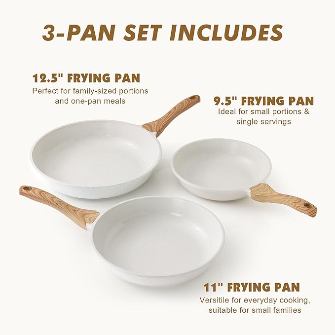 SENSARTE Nonstick Frying Pan Skillets, White Ceramic Coating Omelette Pans, Healthy Cookware Chef's Pan, Free of PTFE & PFAS (9.5+11+12.5 Inch) - Image 2