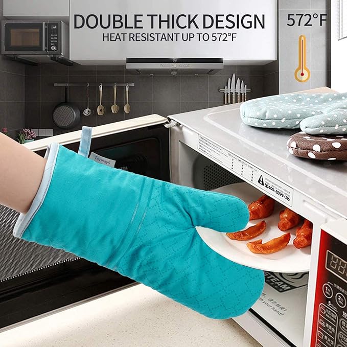 4Pcs Oven Mitts and Pot Holders Set, 572F Heat Resistant Oven Glove, Soft Cotton Lining with Non-Slip Surface for Kitchen Baking BBQ (Turquoise) - Image 3