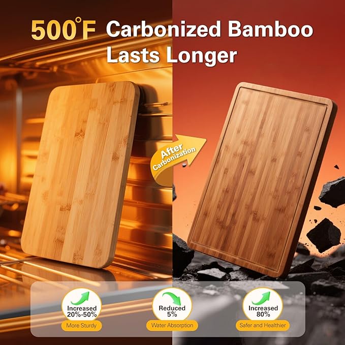 Carbonized Bamboo Cutting Boards for Kitchen, XL Durable Wood Cutting Board with Juice Grooves and Handles, Set of 3 Solid Charcuterie Board for Meal Prep & Serving (13x9.5, 14.5x10.5, 16x11.5) - Image 3