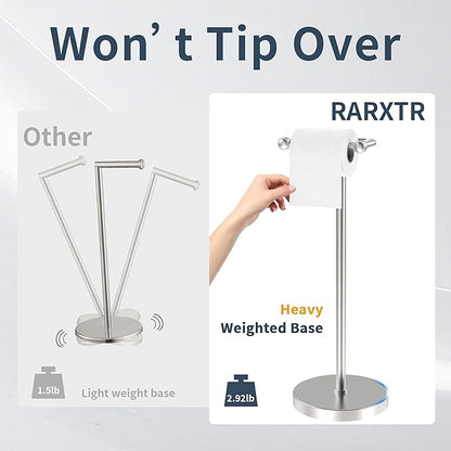 RARXTR Toilet Paper Holder Stand, Post Pivoting Design Free Standing Toilet Paper Holder, SUS304 Stainless Steel Toilet Paper Roll Holder, Heavy Stable Base (Brushed Nickel)