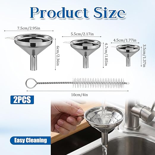 Stainless Steel Funnel, Large Medium Small Kitchen Funnel Set of 3 Metal Funnels Small-Funnels for Filling Small Bottles Funnels with 2 Brushes for Transferring Essential Oils, Liquid, Fluid