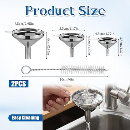 Stainless Steel Funnel, Large Medium Small Kitchen Funnel Set of 3 Metal Funnels Small-Funnels for Filling Small Bottles Funnels with 2 Brushes for Transferring Essential Oils, Liquid, Fluid
