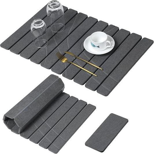 Large Stone Dish Drying Mat for Kitchen Counter,2 PCS Quick Dry Stone Mats,Foldable Water Absorbing Diatomaceous Drying Pad for Countertop Bottles Utensils Cups (Flow Line Dark Gray 24"x16" & 8"x4") by linidcoudhome