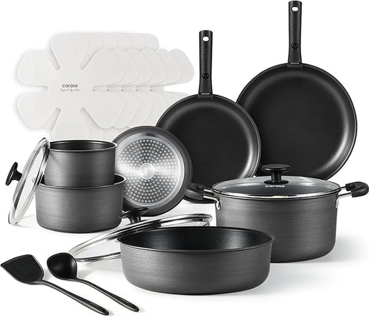 CAROTE 20pcs 4-Ply Premium Hard Anodized Pots and Pans Set Non Stick with Detachable Handle, Dishwasher/Oven Safe, RV Kitchen Cookware Set Nonstick, Induction Cookware, Large Capacity Pans and Pot Set by CAROTE