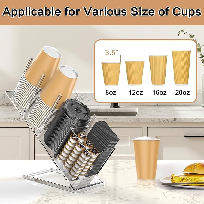 Acrylic Cup and Lid Holder with Straw Organizer, Adjustable Coffee Cup Holder Organizer, 5 Compartment Cup Dispenser for Disposable Paper & Plastic Cups, for Station Home Countertop(Patent in Effect) - Image 3
