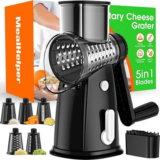 MealHelper 5 Blade Rotary Cheese Grater and Vegetable Chopper with Storage Box and Hand Crank, Compact Shredder for Cheeses, Veggies, Nuts - Easy to Use, Non-slip Suction Base,Black by Unknown