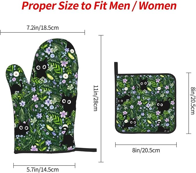 Spring Funny Black Cat Hot Pads and Oven Mitts Heat Resistant,Green Oven Gloves Pot Holders Set for Cooking Baking Grilling BBQ,Cute Cat Lover & Baking Gifts for Women