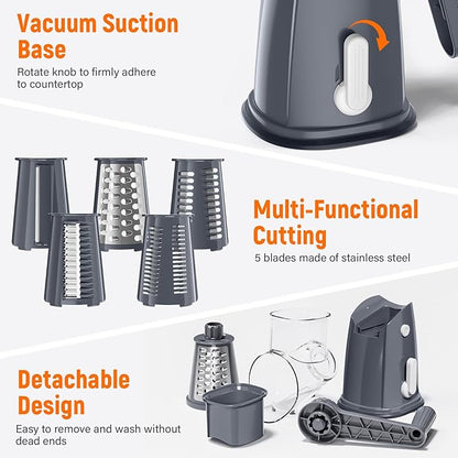 Rotary Cheese Grater Hand Crank with 5 Interchangeable Blades, Vegetable Slicer Chopper for Fruit Vegetable Nuts, Mandoline Slicer for Kitchen with Blades Rack & Suction Base, Grey