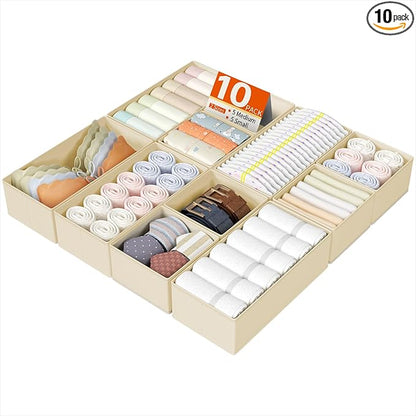 DIMJ Drawer Organizers Clothes, Set of 10 Dresser Organizer Bins, Fabric Closet Organizers and Storage, Shallow Drawer Dividers for Nursery, Clothing, Baby Clothes, Socks, Underwears, Tie (Beige) by DiMJ