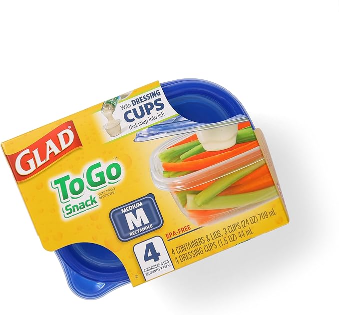 Glad GladWare To Go Snack Food Storage Containers with Lids, Medium Rectangle BPA Free Plastic with Built-In Dressing Cup for Salads and Snacks, Microwave Dishwasher Safe, 24 Oz, 4 Count - 6 Pack - Image 3