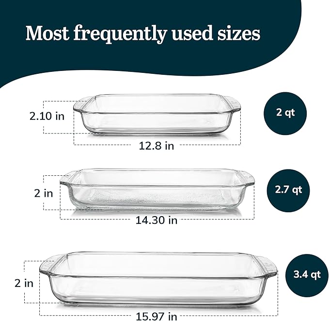Libbey Baker's Basics 3-Piece Rectangular Glass Casserole Baking Dish Set, Clear, 2 Qt, 2.7 Qt, 3.4 Qt, Transparent, Stackable, Dishwasher Safe - Image 3