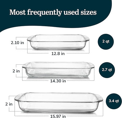 Libbey Baker's Basics 3-Piece Rectangular Glass Casserole Baking Dish Set, Clear, 2 Qt, 2.7 Qt, 3.4 Qt, Transparent, Stackable, Dishwasher Safe - Image 3