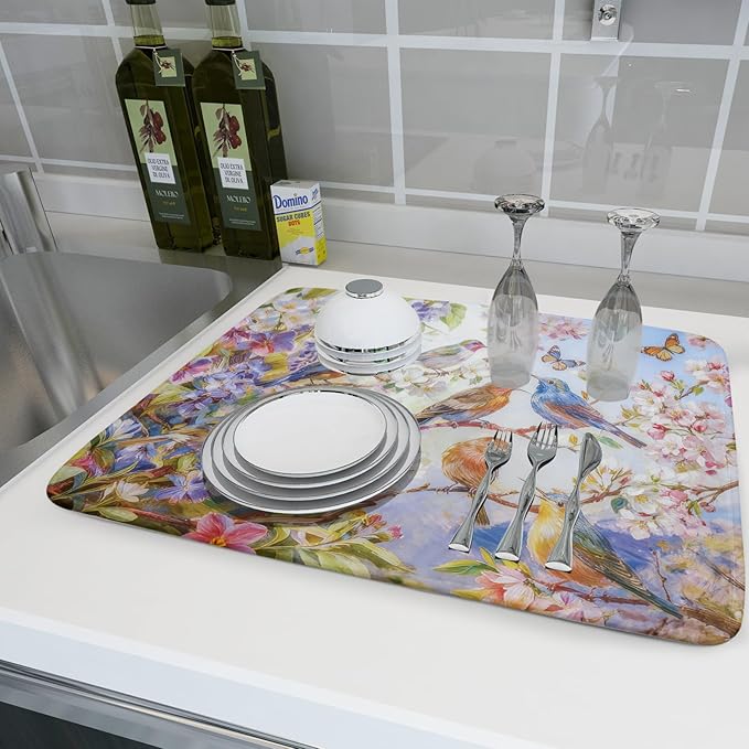 Floral Birds Dish Drying Mat Spring Decoration Absorbent Dish Drain Cloth Mat 18 X 24 for Kitchen Coffee Bar - Image 6