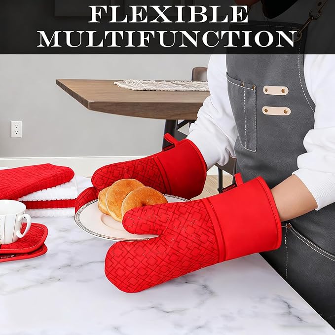 Oven Mitts and Pot Holders Sets 6pcs, Kitchen Oven Glove,High Heat Resistant 550 Degree Extra Long Oven Mitts and Potholders with Non-Slip Silicone Surface for Home Essentials (Grey) (Coral Red) - Image 5