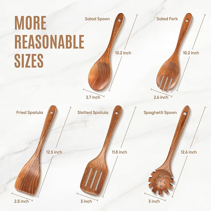 5 PCS Wooden Spoons for Cooking Natural Teak Kitchen Utensils Set Smooth Non-Stick Surface Cooking Utensils Set Soft Comfort-Grip Wooden Spatula Set - Image 5