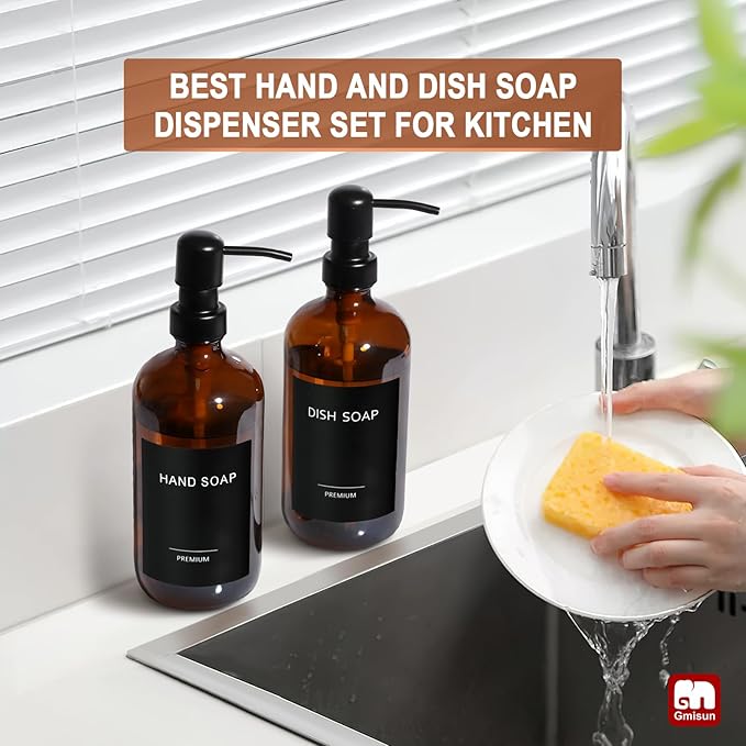 GMISUN Amber Glass Soap Dispenser, 2 Pack Bathroom Hand Soap Dispensers with Stainless Steel Pump, 17 Fl Oz Kitchen Hand and Dish Soap Dispenser Set, Modern Vintage Liquid Brown Soap Dispensers Bottle - Image 6