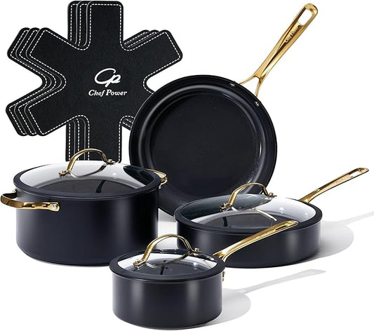 Chef Power Ceramic Cookware Sets, 10Pcs Pots and Pans Set Non Stick, Cookware Set with Stainless Steel Handle, Dishwasher & Oven Safe, Stone Black and Light Gold Handle