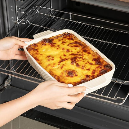 Sweejar Ceramic Baking Dish Set, Cake Baking Dish for Brownie, Porcelain Striped Casserole Dishes for Oven with Handle for Lasagna, Family Dinner(White) - Image 6