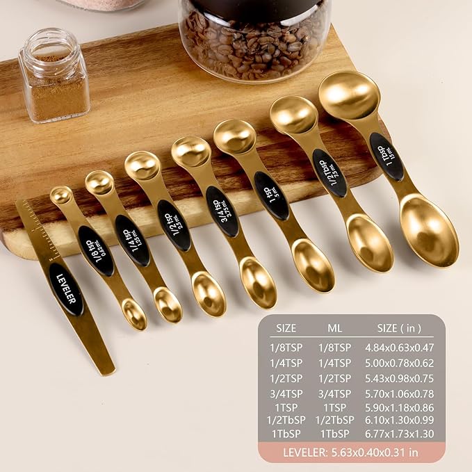 ChefAide Pack of 8 Stainless Steel Magnetic Measuring Spoons Set, Dual Sided, Stackable, Adjustable Teaspoon and Tablespoon Measure Spoon with Leveler, Kitchen Gadgets - Image 2