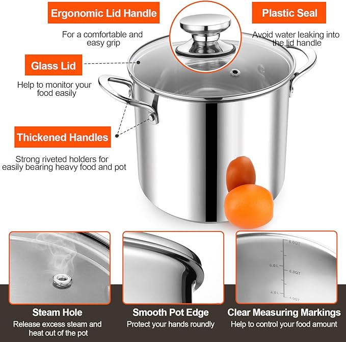 P&P CHEF 8 Quart Stainless Steel Stock Pot with Lid, Large Stockpot for Cooking Pasta Soup, Cookware for Induction Gas Electric Stoves, Visible Lid & Measuring Markings, Dishwasher Safe - Image 3
