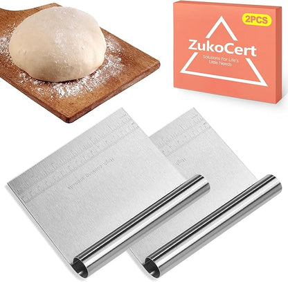 ZukoCert 2-Pack Stainless Steel Bench Scraper – Durable Dough Cutter with Built-In Measuring Ruler (Multipurpose Tool for Pizza, Cake, Baking & Pastry Work, Easy to Clean)