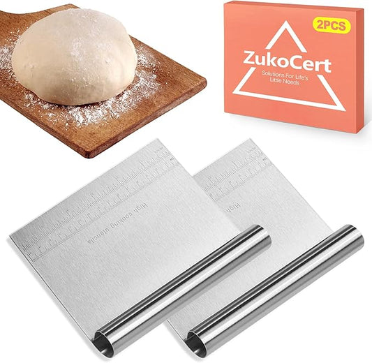 ZukoCert 2-Pack Stainless Steel Bench Scraper – Durable Dough Cutter with Built-In Measuring Ruler (Multipurpose Tool for Pizza, Cake, Baking & Pastry Work, Easy to Clean)
