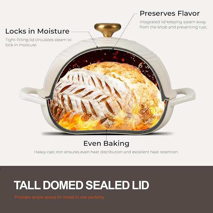 Overmont Enameled Cast Iron Bread Oven - 6QT Bread Dutch Oven for Sourdough Baking - Bread Pot with Dome Lid Cotton Potholders & Cookbook - Multi-Functional Bread Pan For Baking Frying Roasting - Image 4
