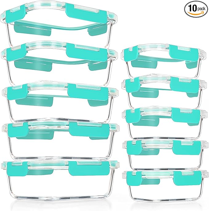 VERONES 10Pack Glass Meal Prep Containers, Airtight Glass Lunch Containers,Stackable Glass Food Storage Containers Set with Lids,Exclusive of BPA, for Microwave,Oven, Freezer&Dishwasher Friendly,Green by VERONES