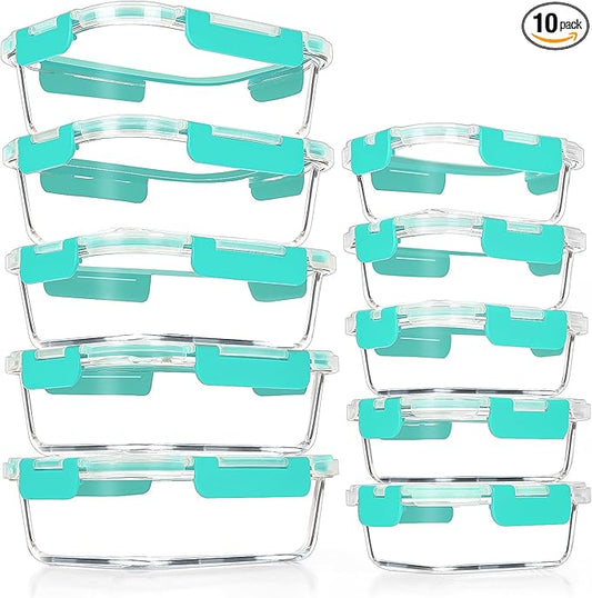 VERONES 10Pack Glass Meal Prep Containers, Airtight Glass Lunch Containers,Stackable Glass Food Storage Containers Set with Lids,Exclusive of BPA, for Microwave,Oven, Freezer&Dishwasher Friendly,Green by VERONES