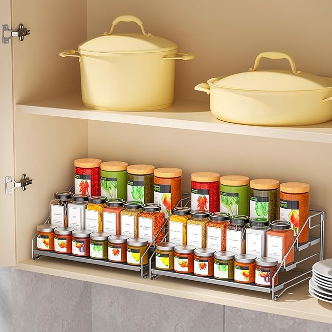 BOIVSHI 4 Tier Spice Rack Organizer for Cabinet, Spice Rack Organizer, Depth Adjustable Spice Organizer for Cabinet, Countertop, Cupboard, Pantry, Seasoning Shelf, Metal, Gray (2 Pack) - Image 6