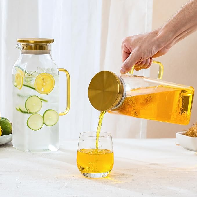 2 Pack 2 Liters/68 oz Square Glass Pitcher with Lid and Handle for Fridge, Iced Tea and Coffee Carafe Beverage Serveware, Heat Resistant Borosilicate Water Gold Jug for Hot/Cold Drinks and Milk - Image 6