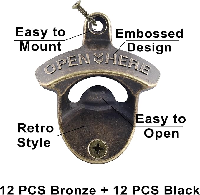 24 PCS Bulk Wall Mounted Bottle Opener, Black and Bronze Top Opener Wall Mount for Kitchen Bar Hotel