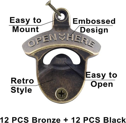 24 PCS Bulk Wall Mounted Bottle Opener, Black and Bronze Top Opener Wall Mount for Kitchen Bar Hotel