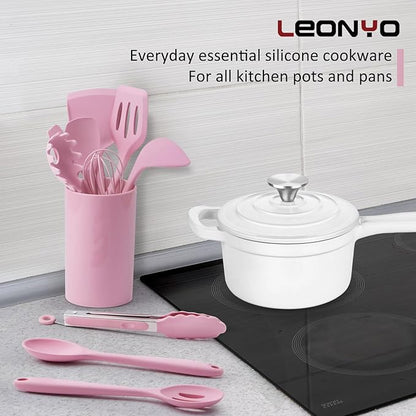 Silicone Cooking Utensils Set of 10, Leonyo Black Kitchen Utensils Set for Cooking, 446°F Heat Resistant Silicone Kitchen Tools with Turner Spatula, Soup Ladle, Spoons for Nonstick Cookware, Pink