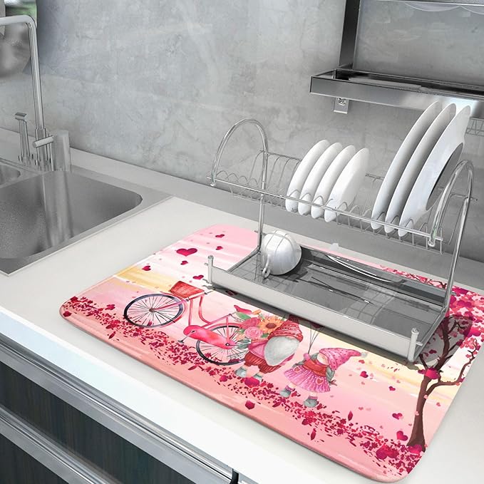 Pink Heart Valentine's Day Gnomes Dish Drying Mat for Kitchen Counter,Pink Bicycle Love Tree Drying Mat 18 x 24 Inch with Absorbent Reversible Microfiber Dish Drying Pad Dish Rack Pad for Coffee Bar - Image 5